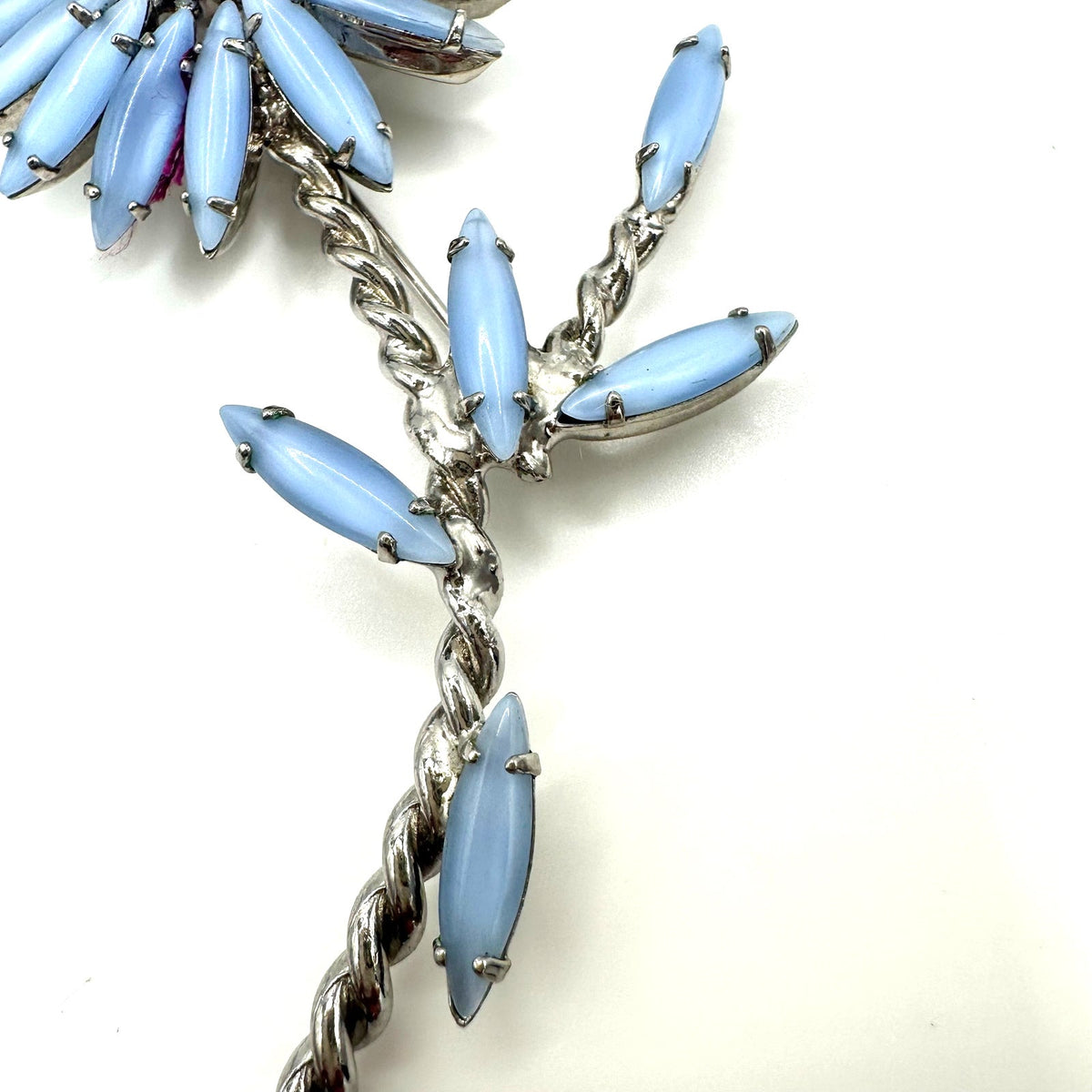 Vintage silver tone large 4" blue glass AB rhinestones navettes flower brooch