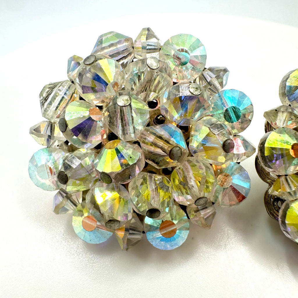 Hobé vintage silver tone aurora borealis glass beaded cluster clip on earrings