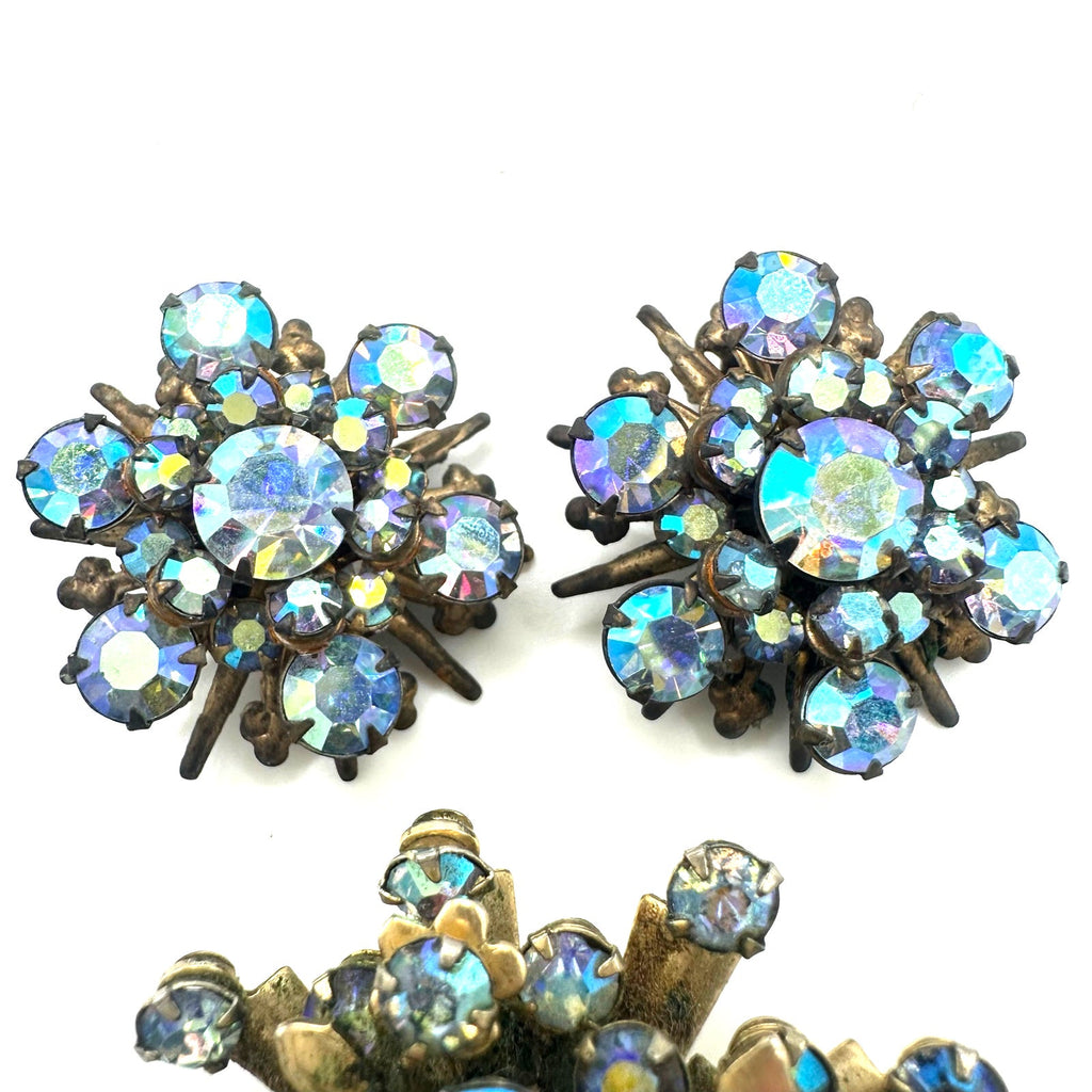 Vintage gold tone blue AB rhinestones starburst brooch clip on earrings