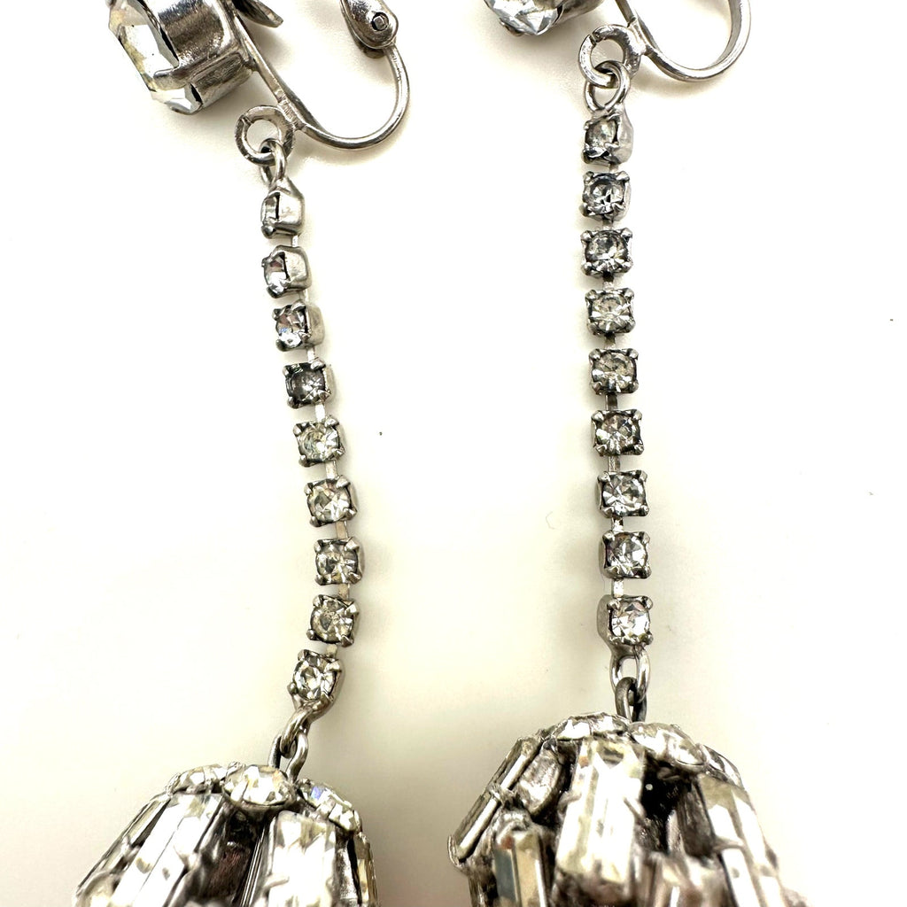 Vintage silver tone clear glass rhinestones ball dangle drop clip on earrings