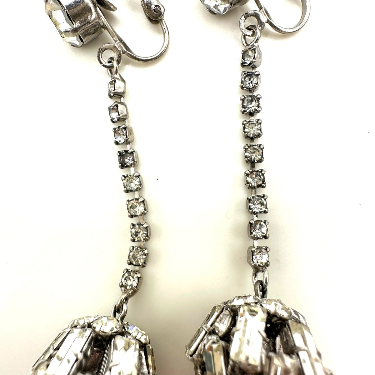 Vintage silver tone clear glass rhinestones ball dangle drop clip on earrings