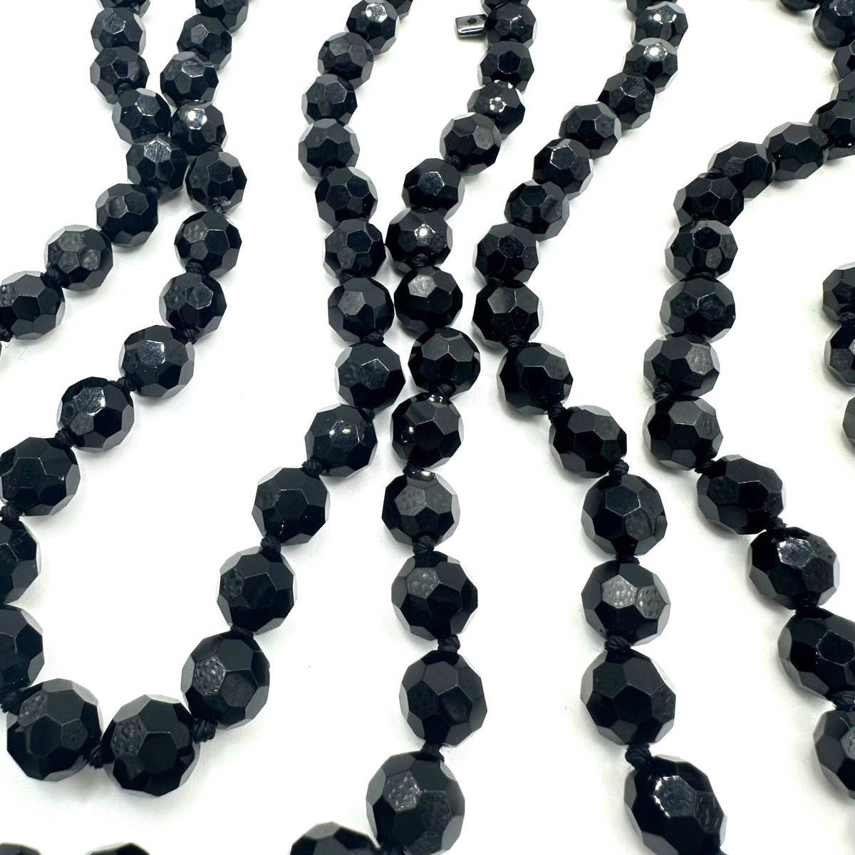 Extra long 72” black faceted glass 10mm beads beaded hand knotted necklace