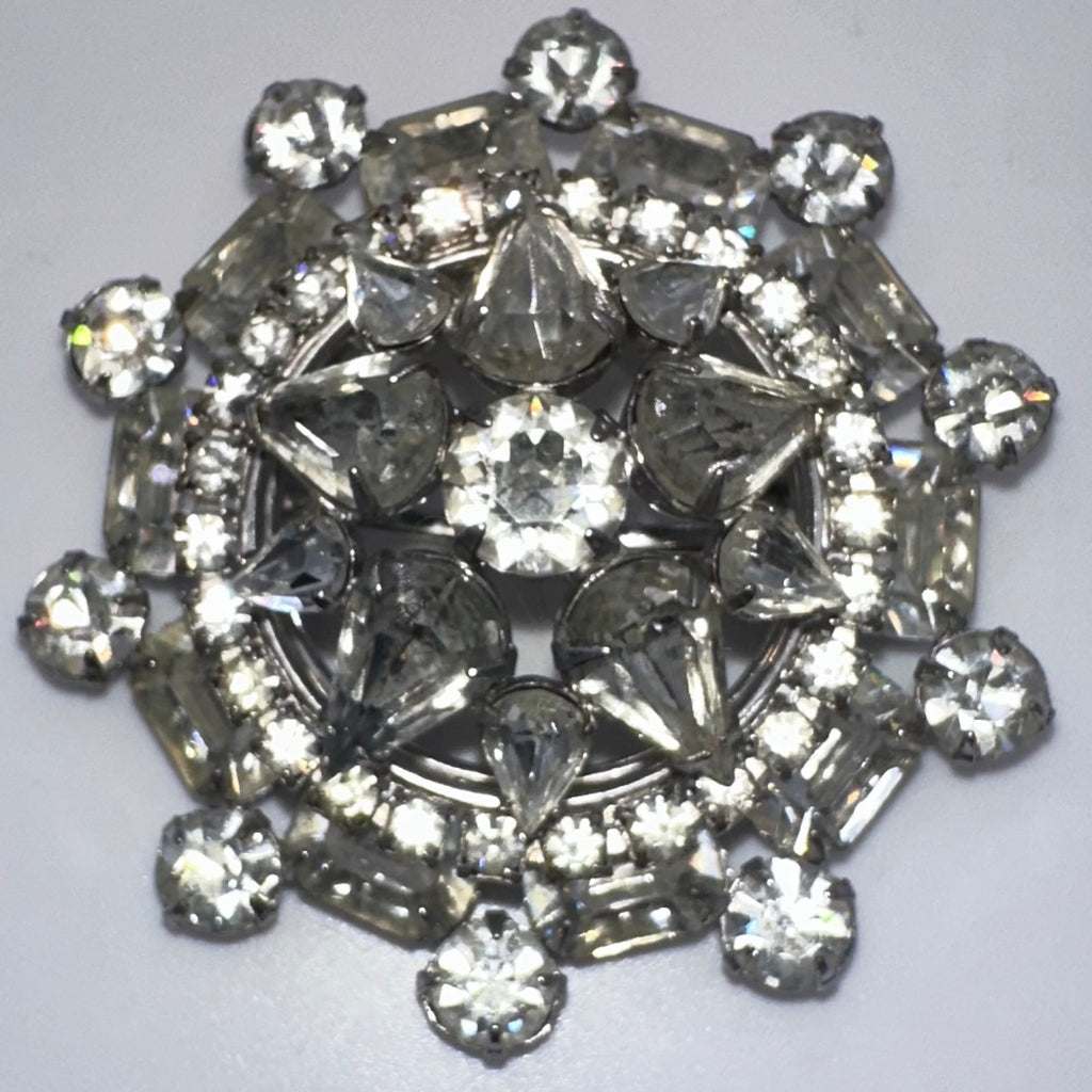 1950s vintage silver tone clear rhinestones sawtooth prong round domed 3D brooch