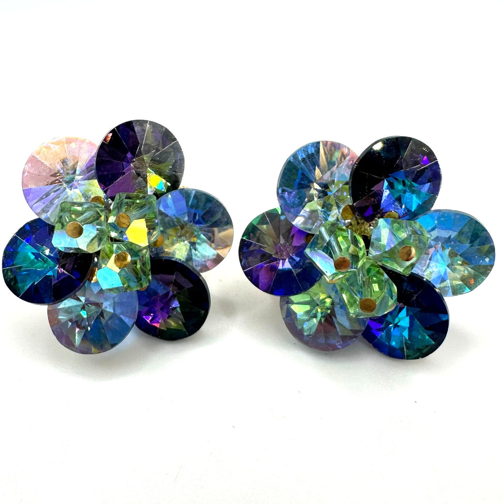 Vendome gold tone AB rivolis green glass beads beaded cluster clip on earrings