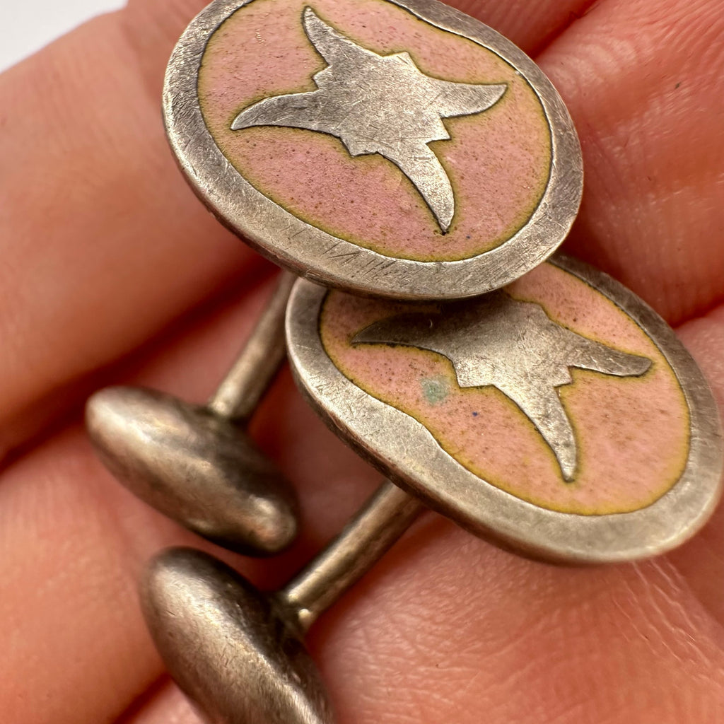 Antique Edwardian sterling silver pink cloisonné enamel bean back cufflinks