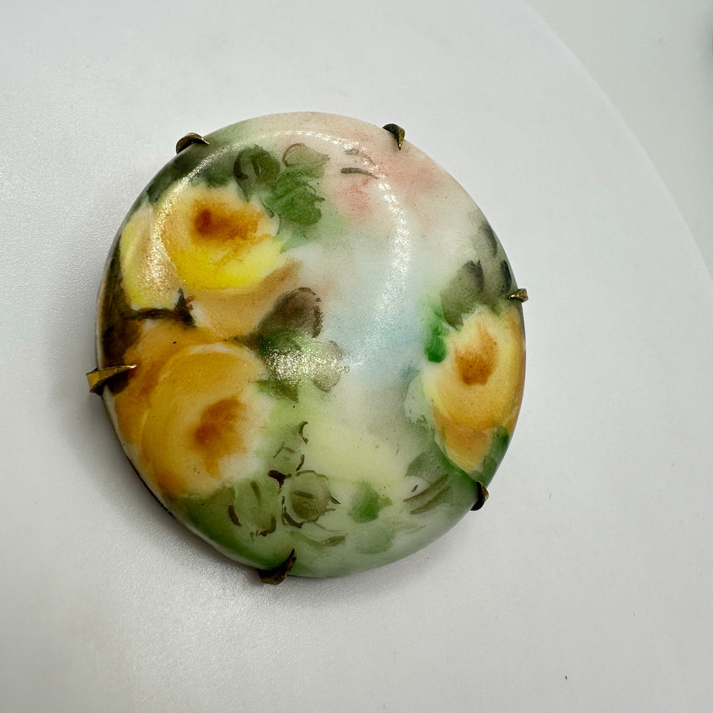 Antique Victorian Edwardian hand painted green yellow round floral brooch pin