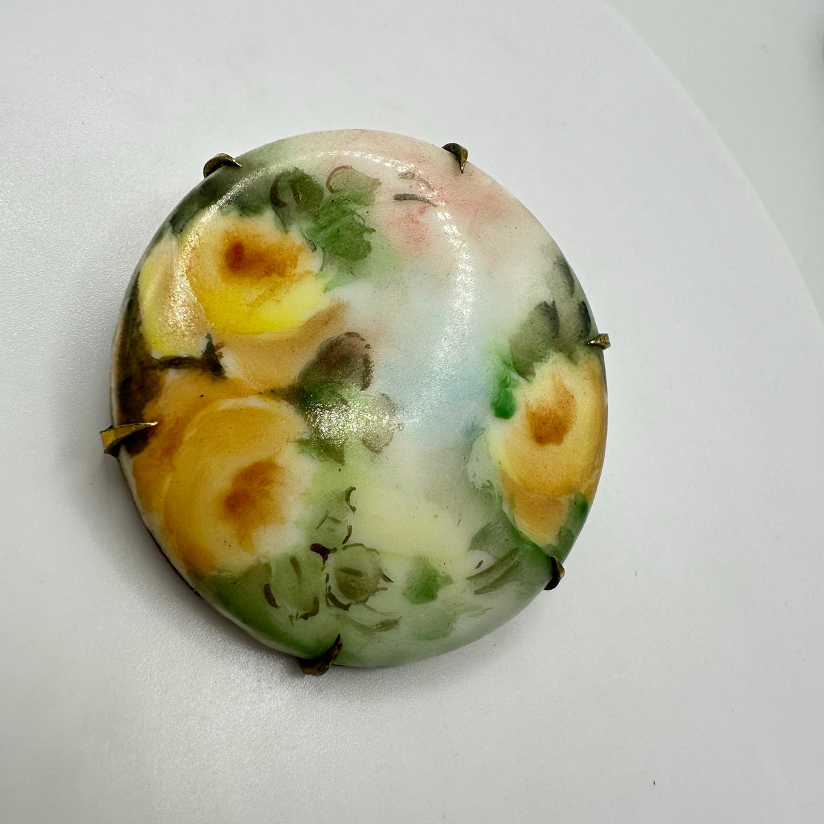 Antique Victorian Edwardian hand painted green yellow round floral brooch pin