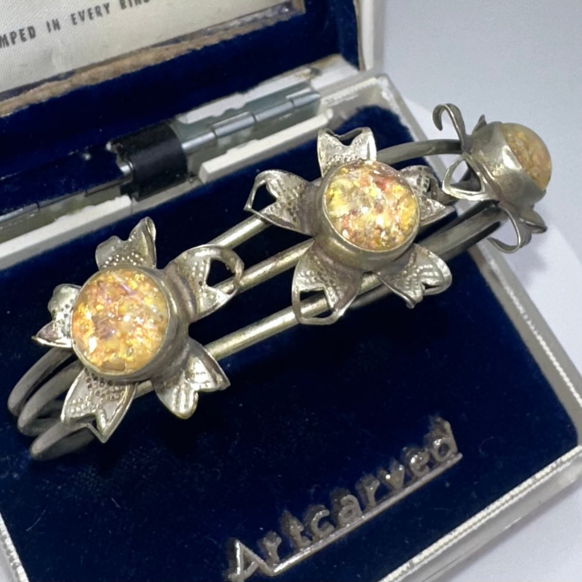 1940s vintage silver alloy floral art glass cabochons adjustable cuff bracelet