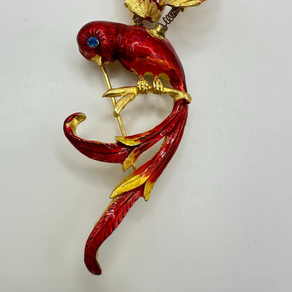 Vintage gold tone trembler en tremblant red enamel phoenix bird brooch