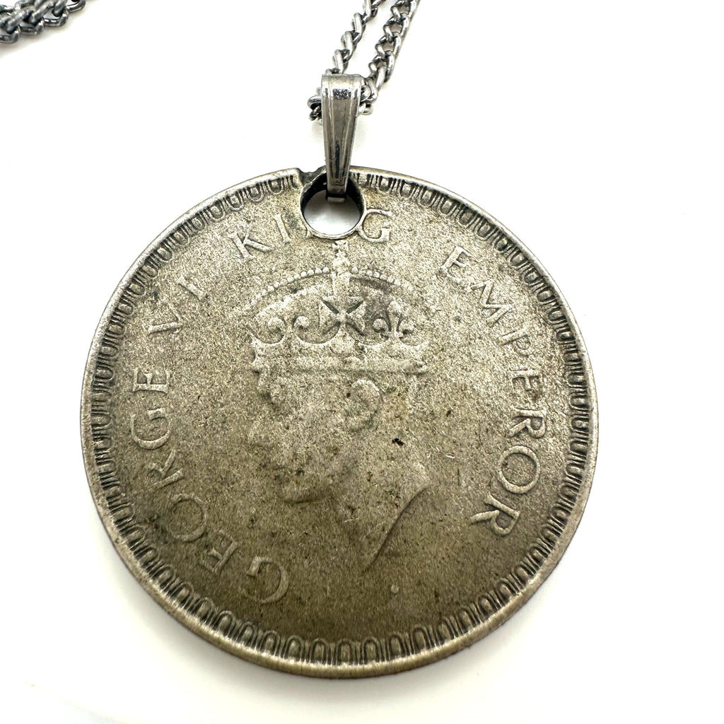 Vintage real 1944 Indian rupee 0.50% silver coin pendant 18" chain necklace
