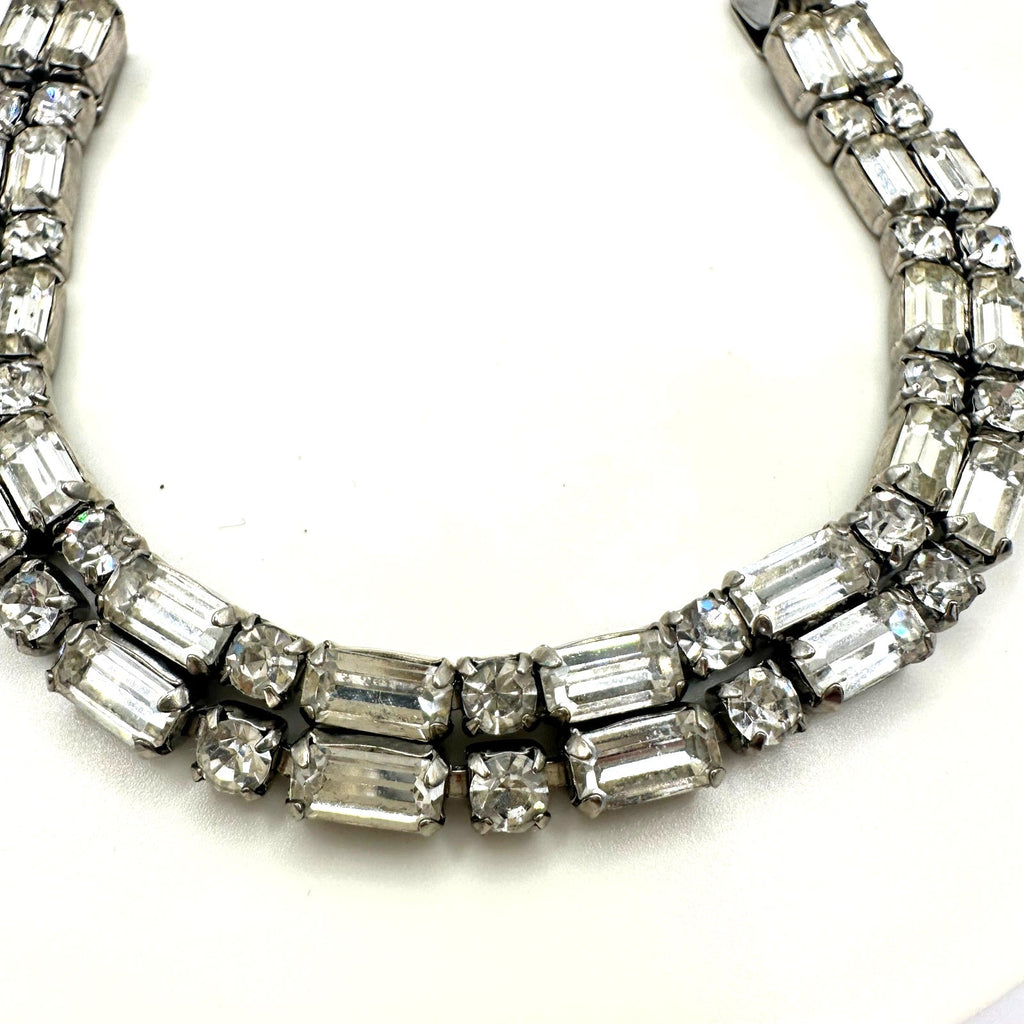 1950s vintage silver tone 2 row clear faceted glass rhinestones tennis bracelet