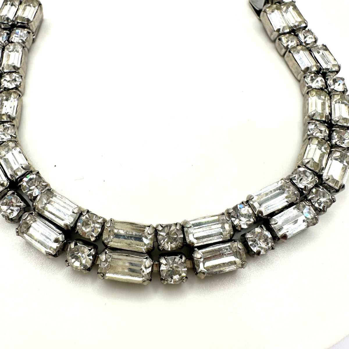 1950s vintage silver tone 2 row clear faceted glass rhinestones tennis bracelet