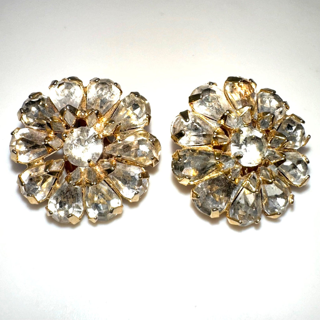 Vintage gold plated clear glass rhinestones round floral clip on earrings