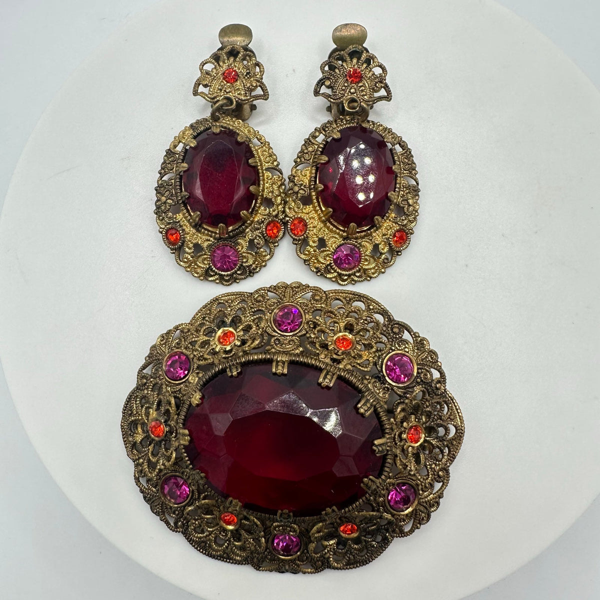 West Germany vintage gold tone red pink rhinestones brooch clip on earrings set