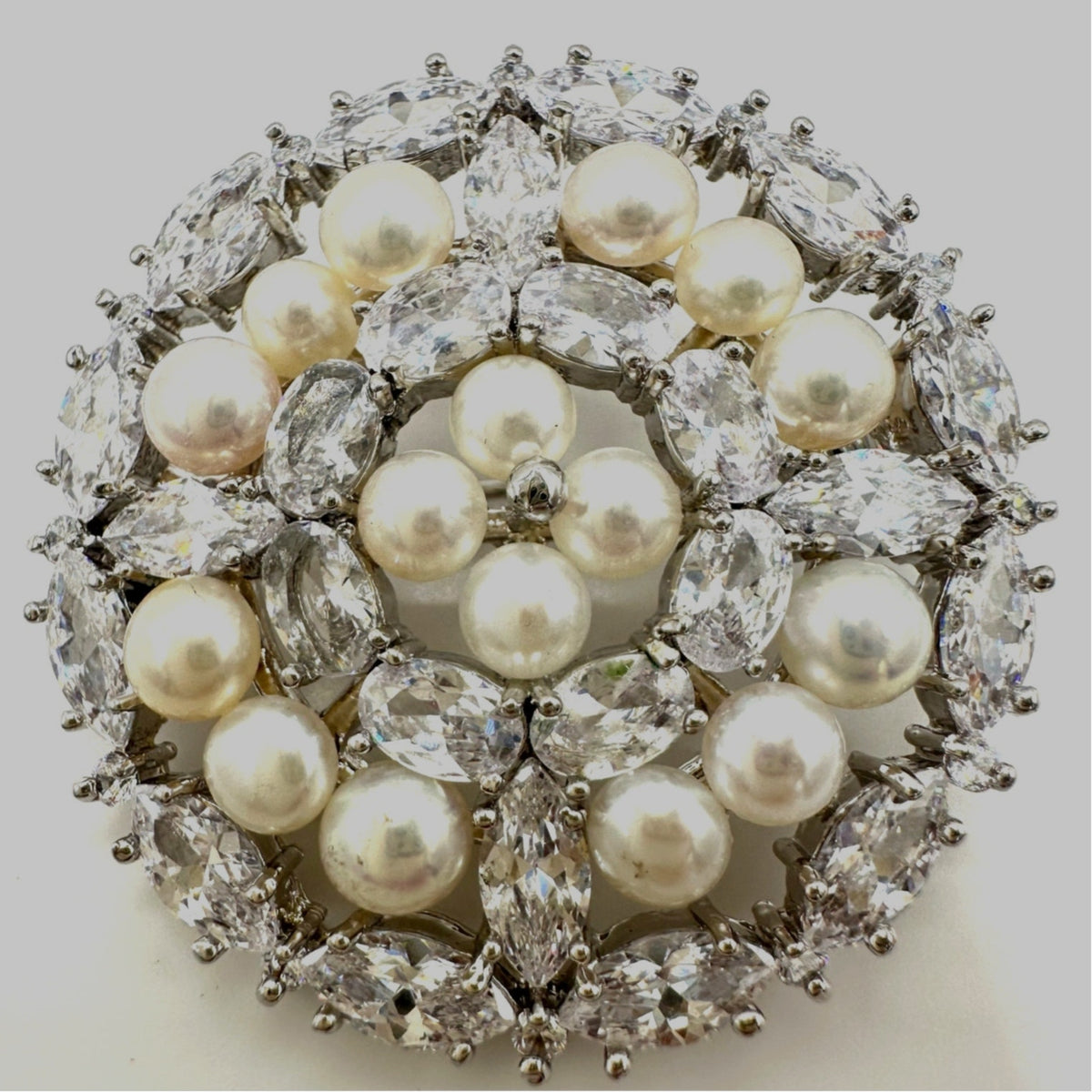 High end silver tone clear cubic zirconia CZs freshwater pearls brooch pendant