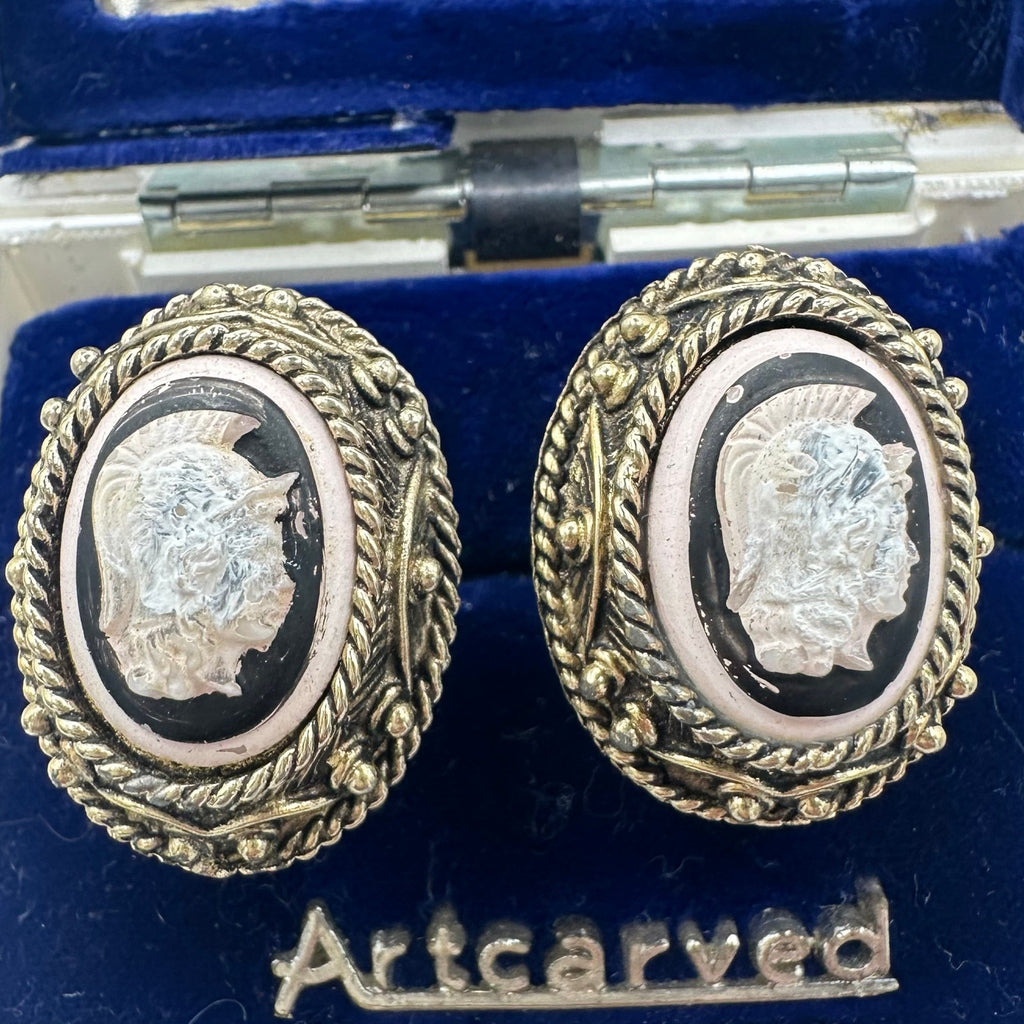 1950s vintage gold tone white black hand painted glass Trojan cameo cufflinks