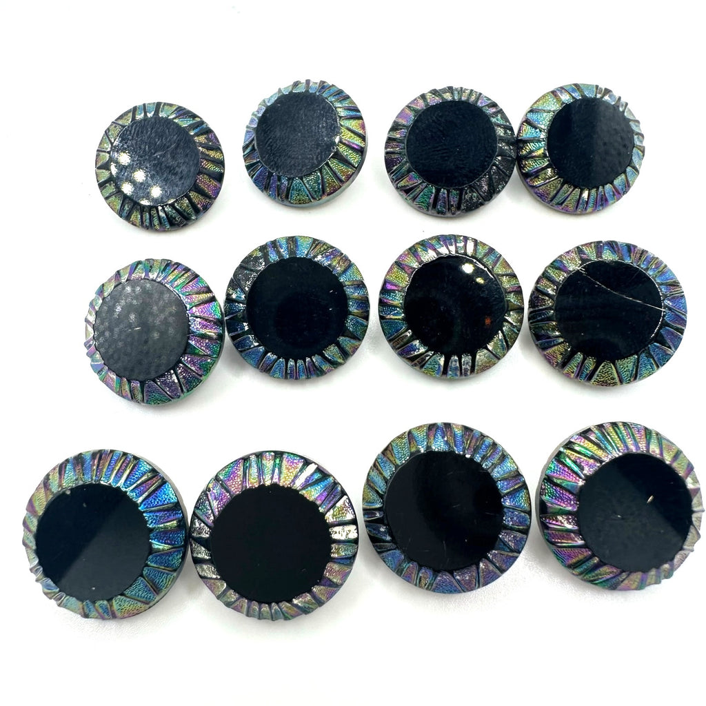 Bundle lot 12 vintage antique 0.69" black Czech carnival glass luster buttons