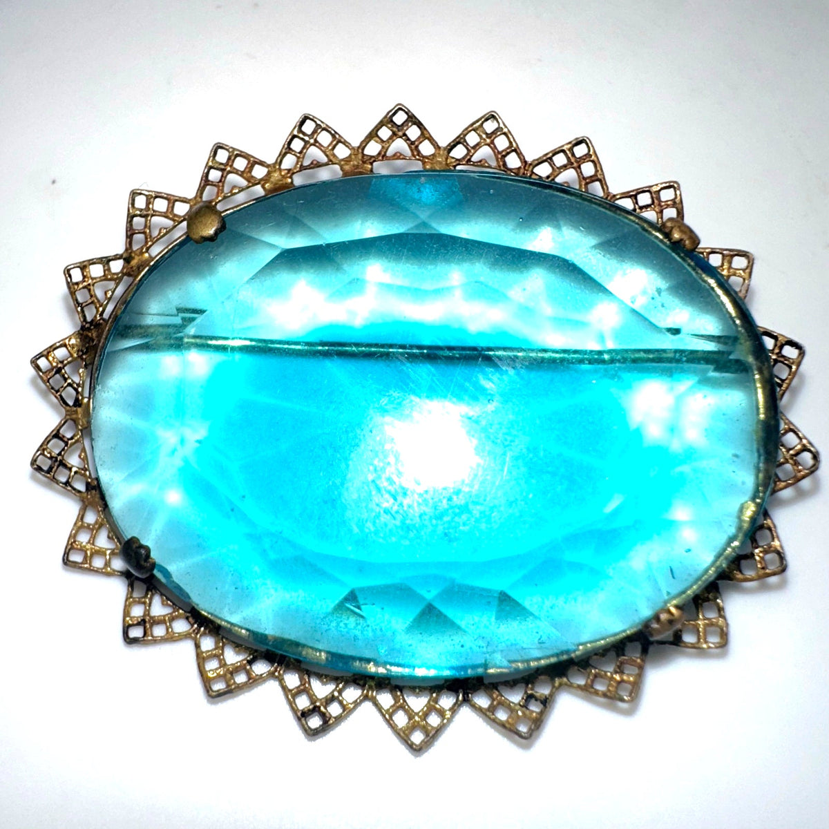 Czechoslovakia antique Art Deco 1920s aqua blue glass rhinestone brass brooch