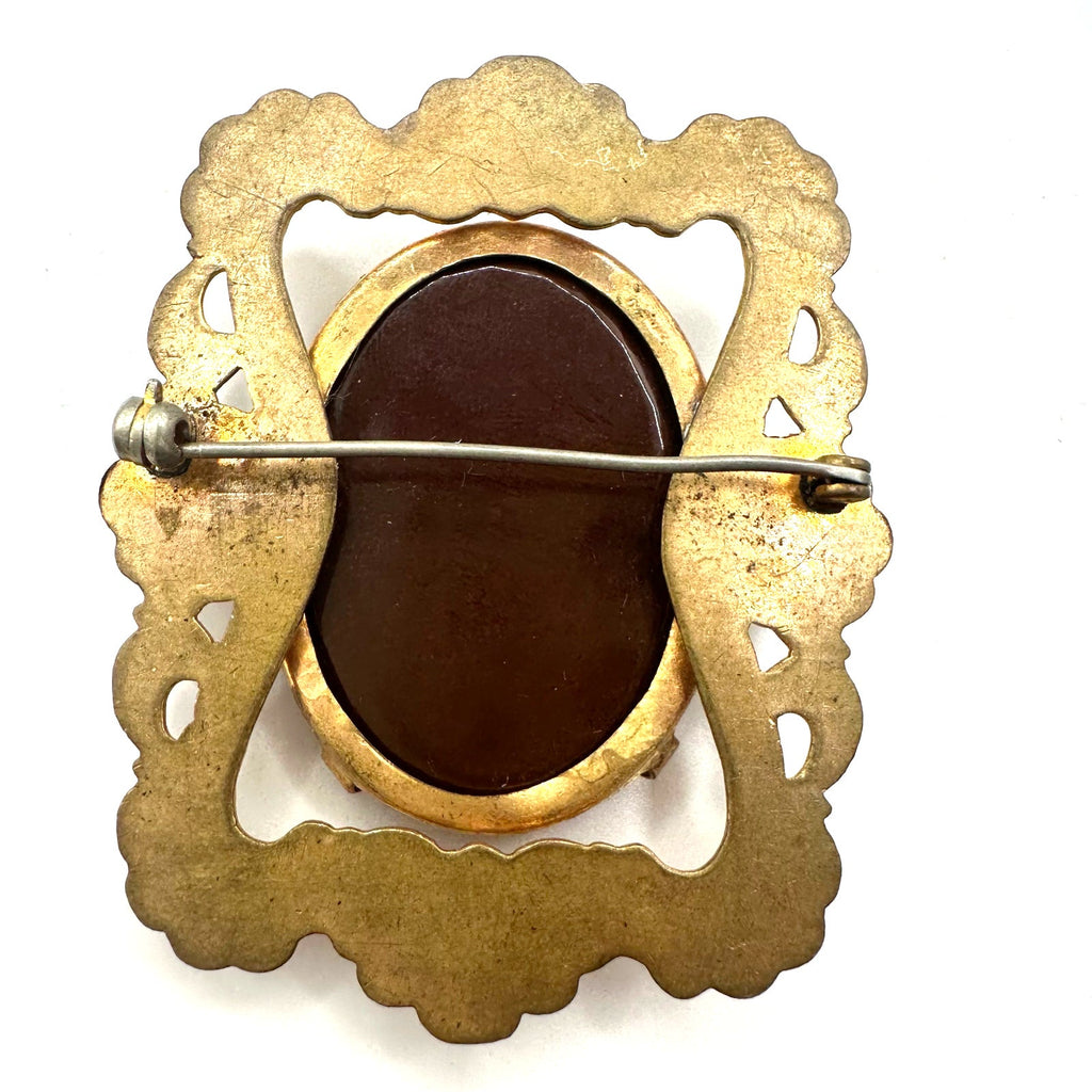 Antique vintage 1930s 1940s molded brown glass cameo gold tone brass brooch
