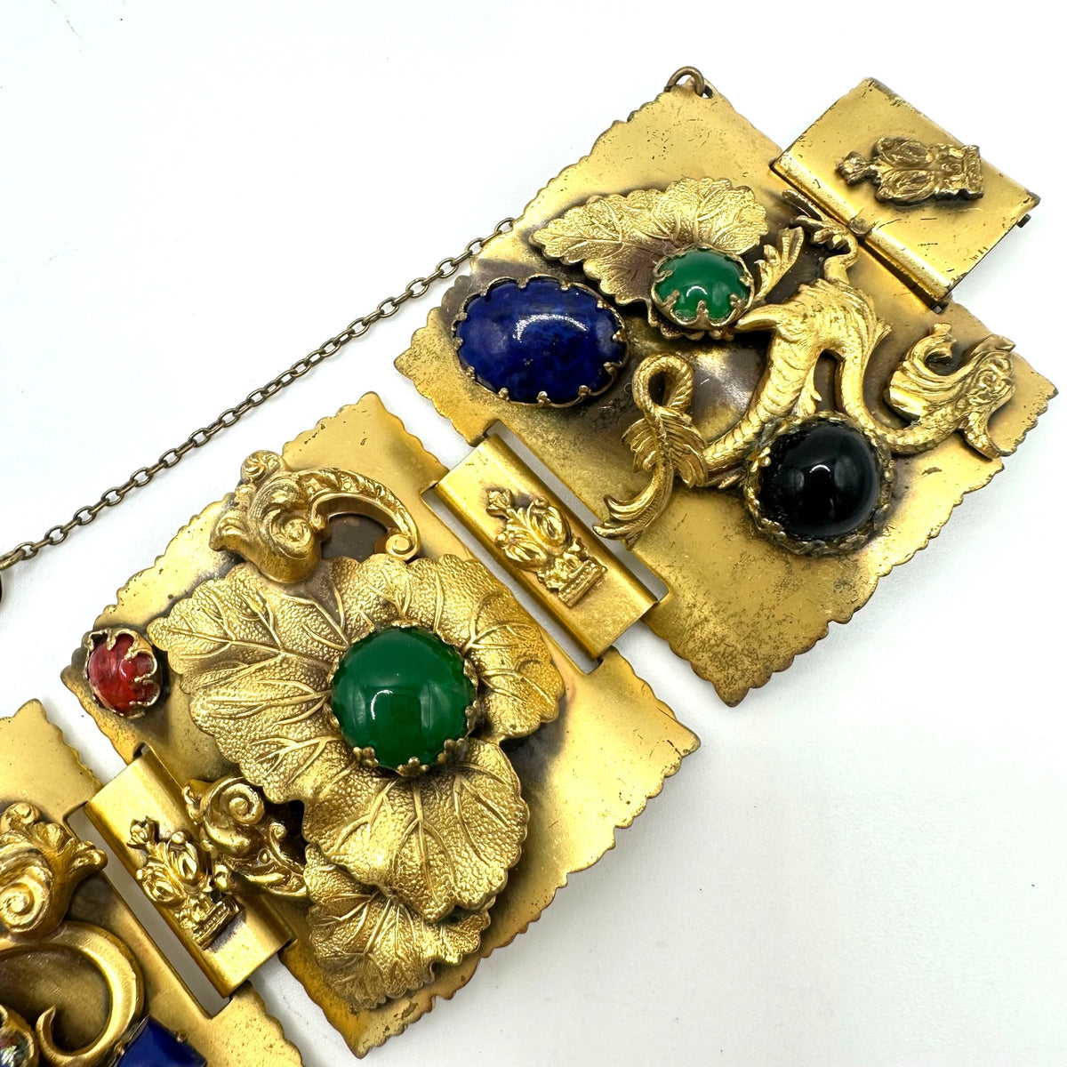 Antique vintage gold gilt dragons breath multicolor art glass cabochons bracelet