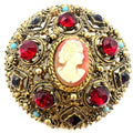 Florenza Victorian Revival gold tone red rhinestones faux turquoise cameo brooch