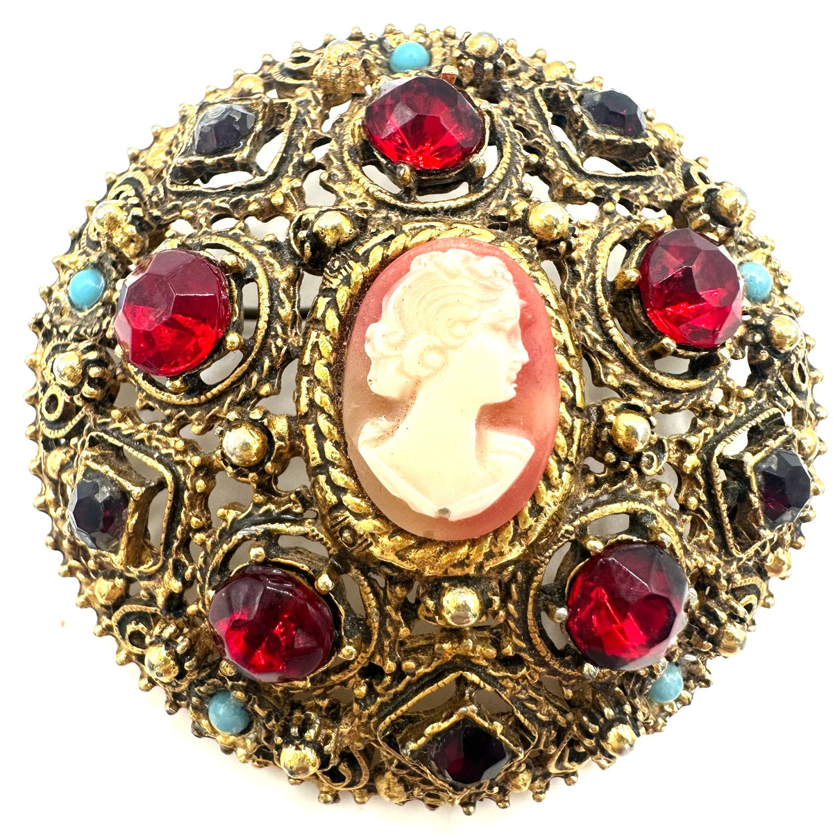 Florenza Victorian Revival gold tone red rhinestones faux turquoise cameo brooch
