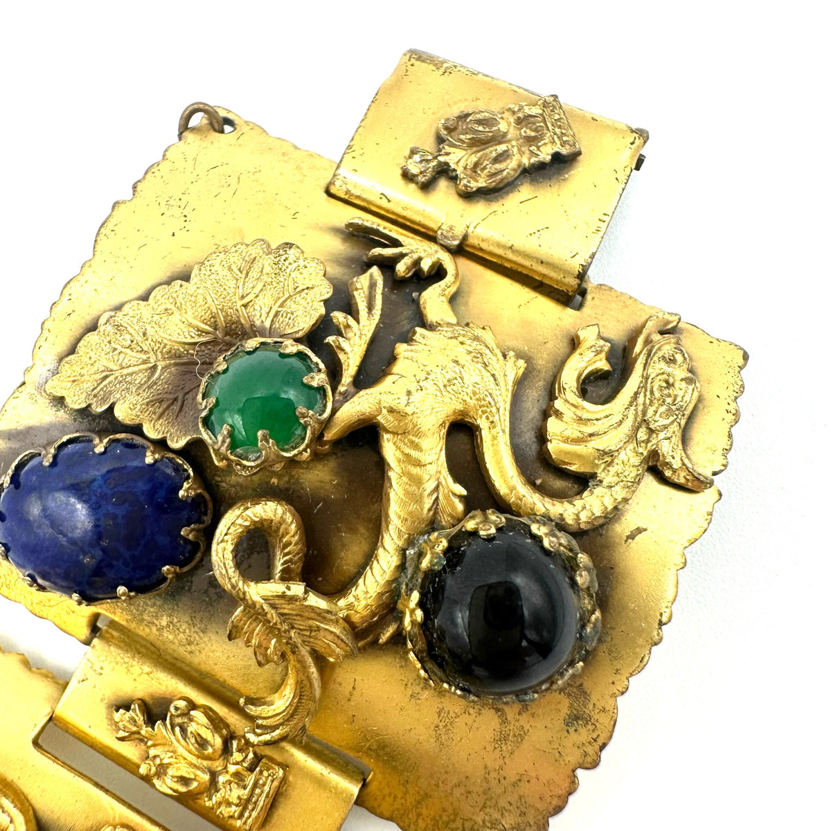 Antique vintage gold gilt dragons breath multicolor art glass cabochons bracelet
