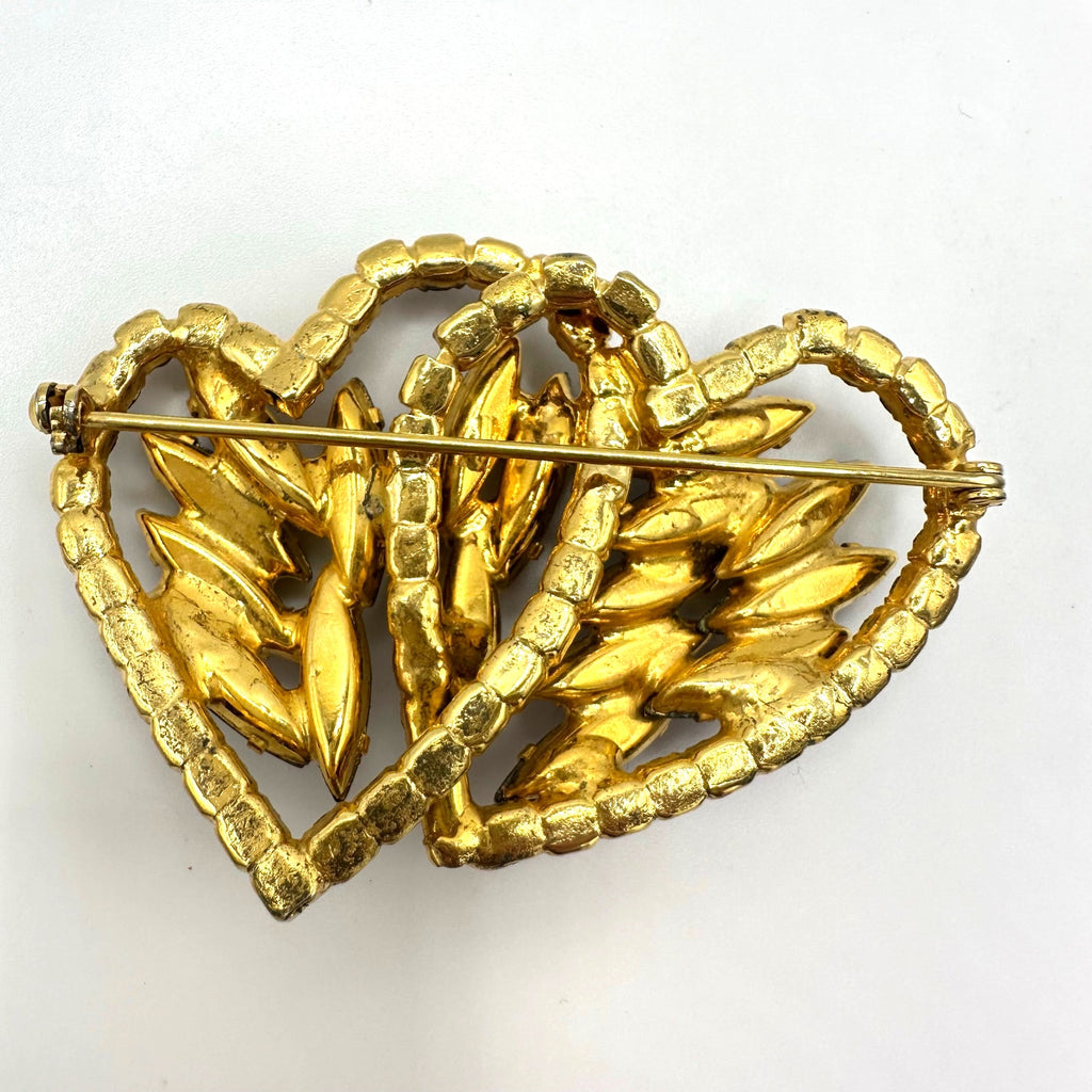 Vintage gold tone red faceted glass rhinestones double heart brooch