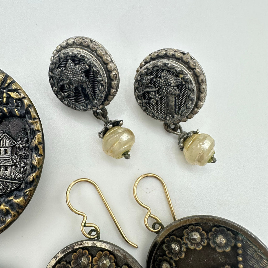 Bundle lot antique Victorian pictorial buttons upcycled brooch 2 pair earrings