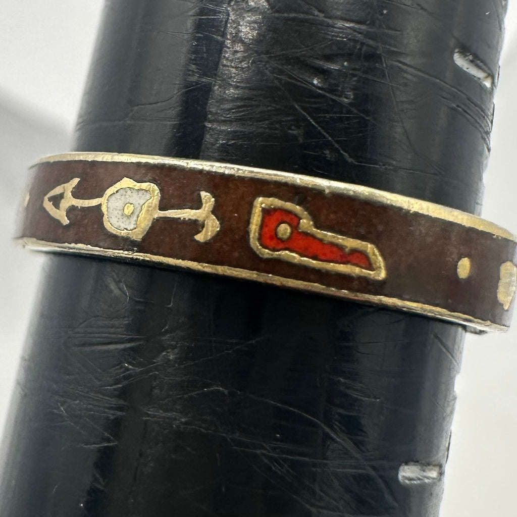 Vintage handmade gold tone brown red cream cloisonné enamel ring size 8.5