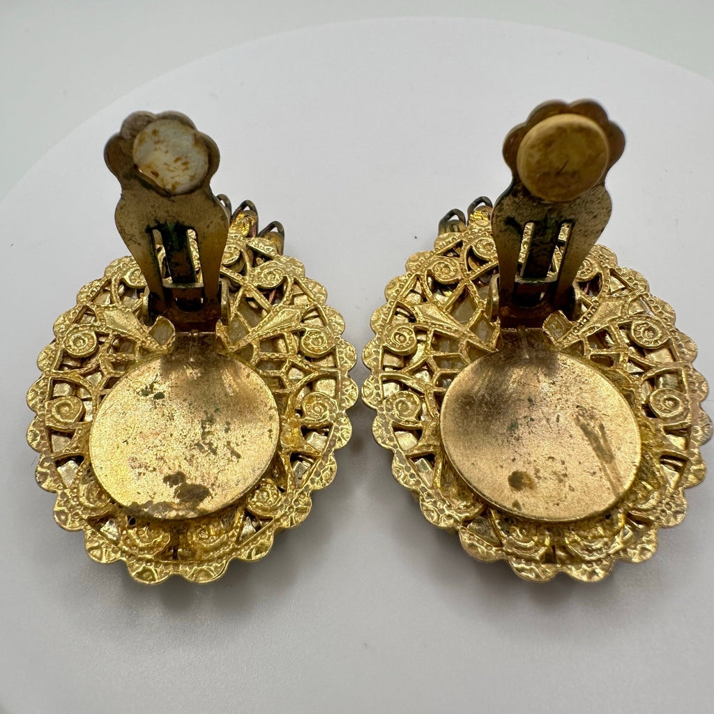 1950s vintage gold tone filigree black rhinestones chalcedony clip on earrings
