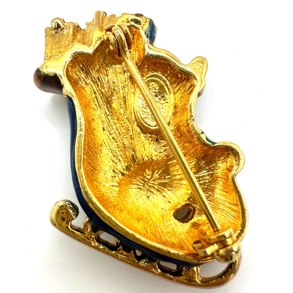 Christopher Radko vintage gold tone enamel Christmas Santa Claus sleigh brooch