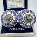 1980s vintage silver tone blue white Greek Key statement clip on earrings