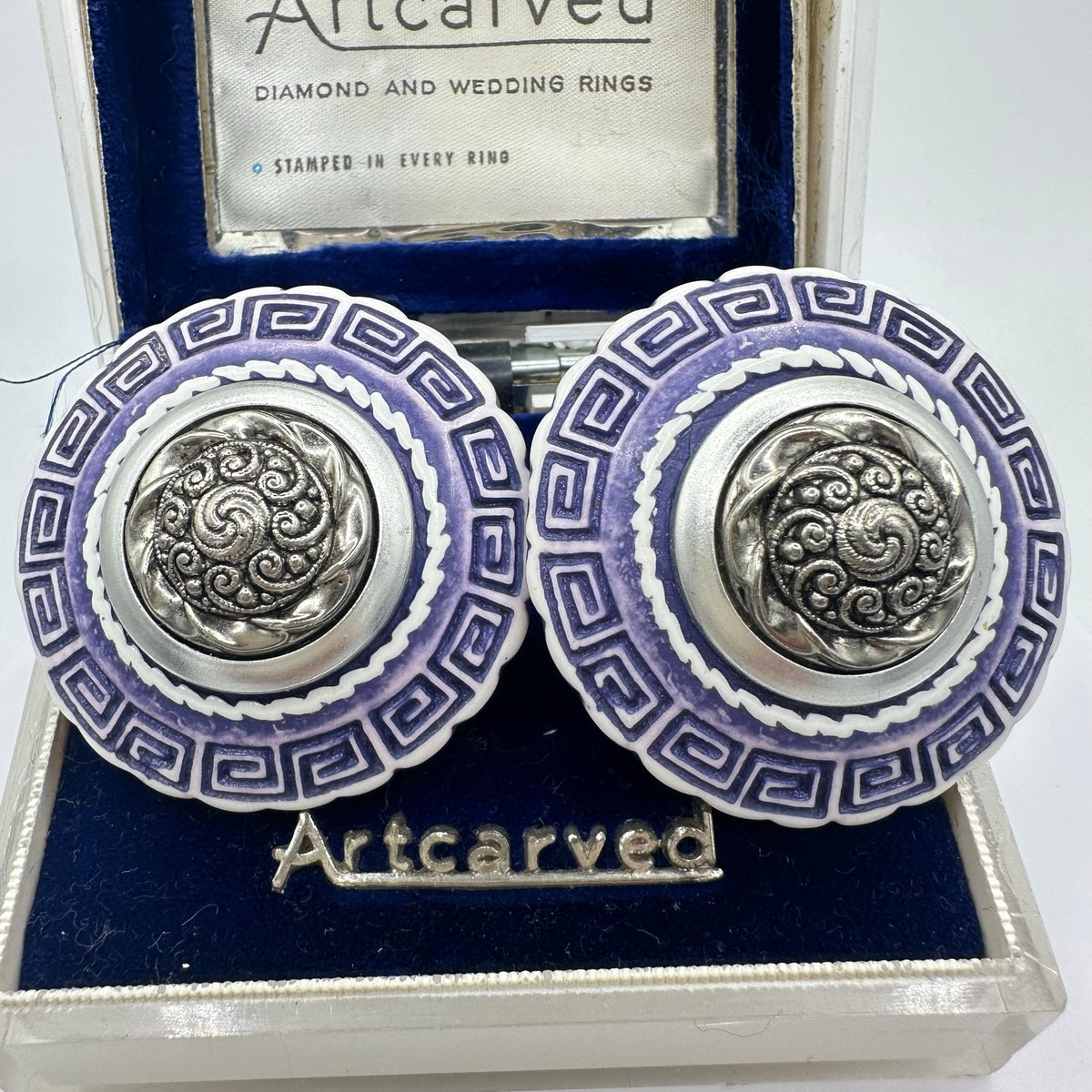 1980s vintage silver tone blue white Greek Key statement clip on earrings