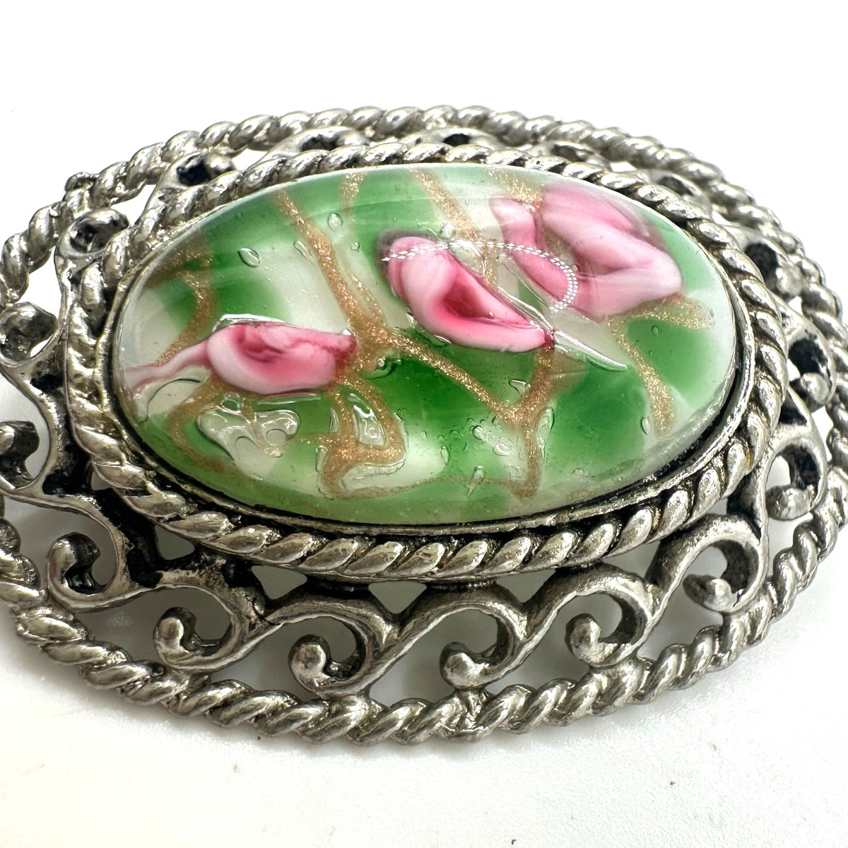 Vintage silver tone Murano pink green blown art glass cabochon oval brooch pin