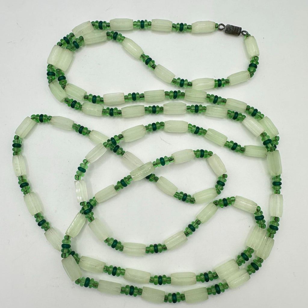 Antique vintage mint emerald green Czech satin art glass beaded 50" necklace