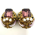 West Germany vintage gold tone filigree purple rhinestones clip on earrings