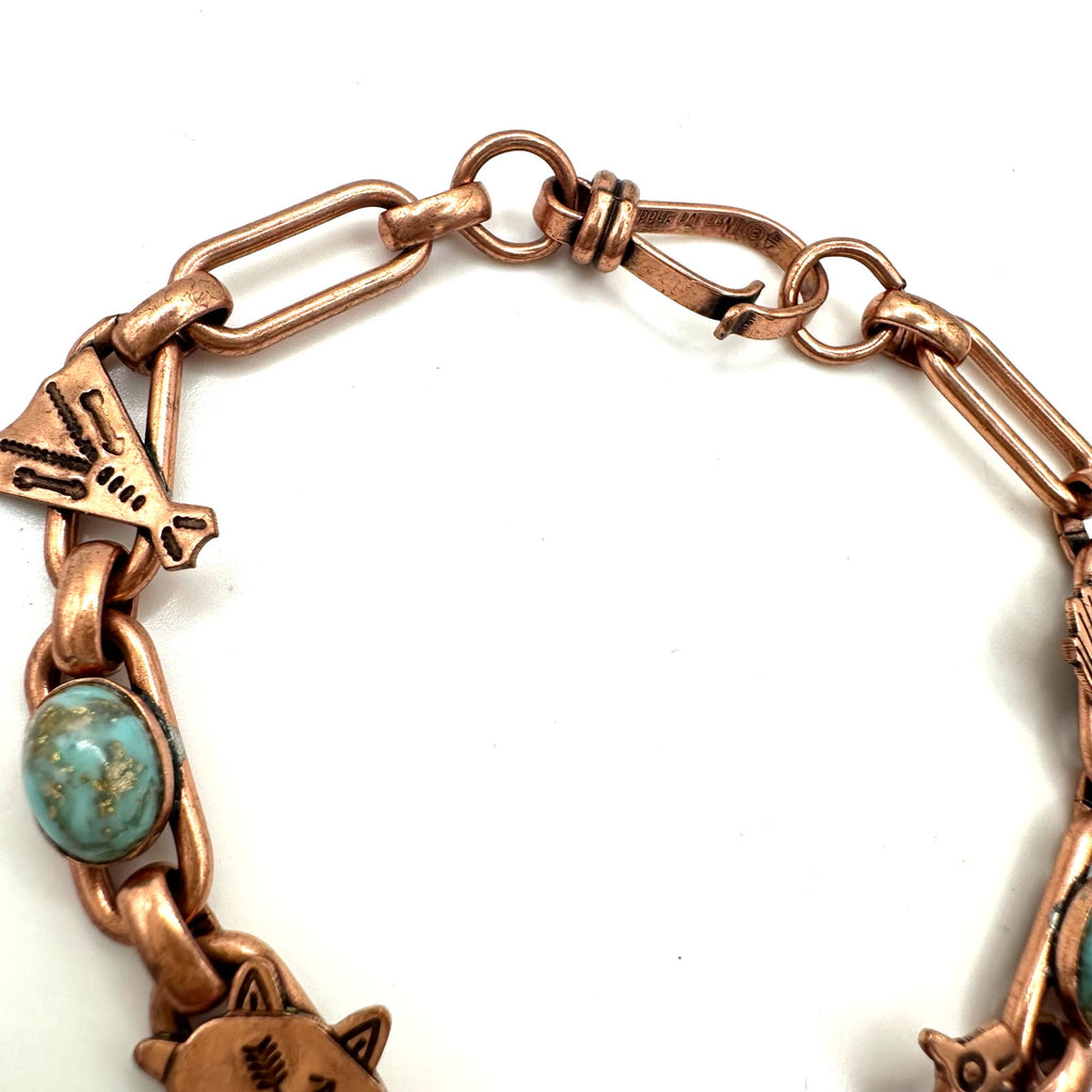 Vintage Southwestern solid copper figurals turquoise lucite cabochons bracelet