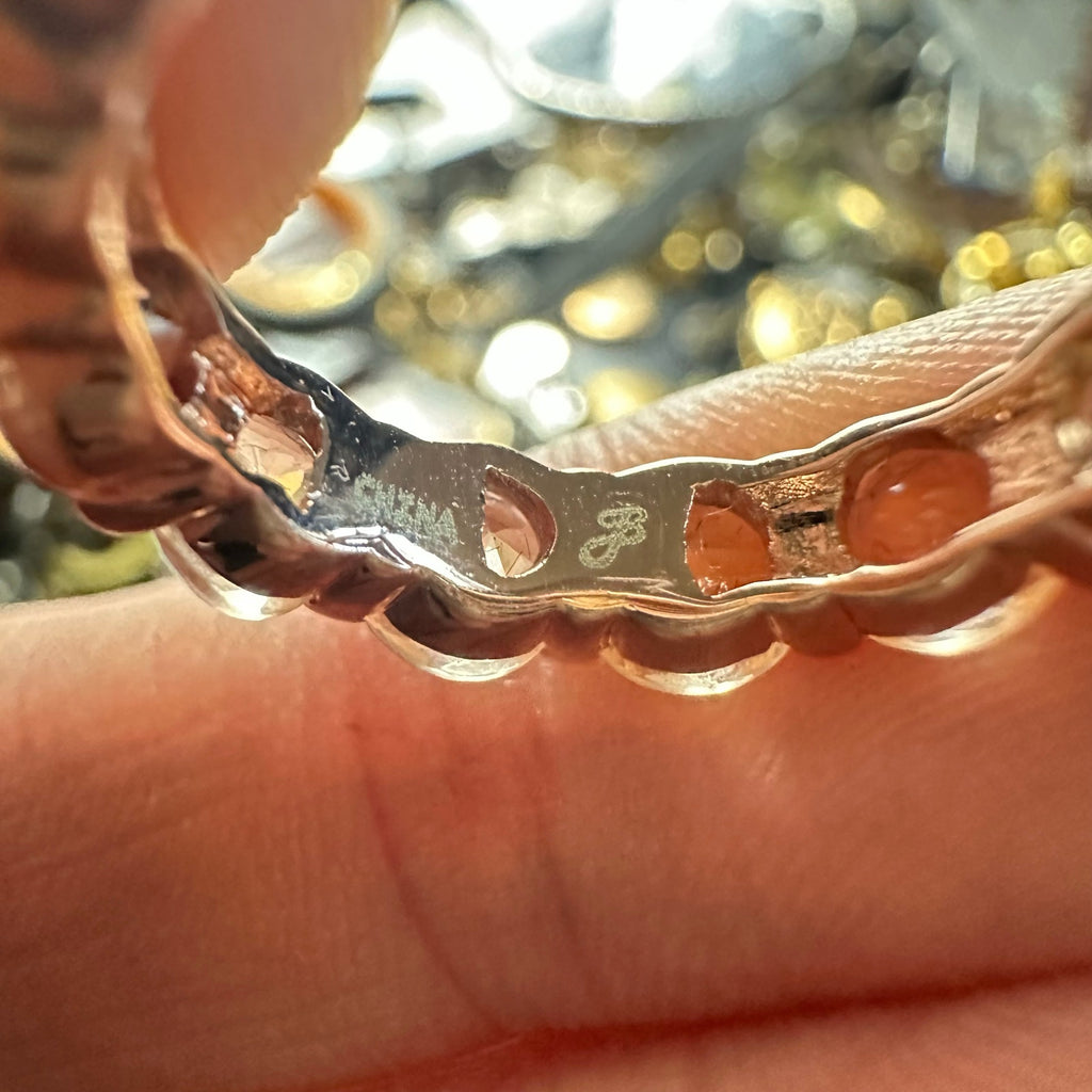 Rose gold tone peach champagne glass gemstones ring eternity band size 5.5