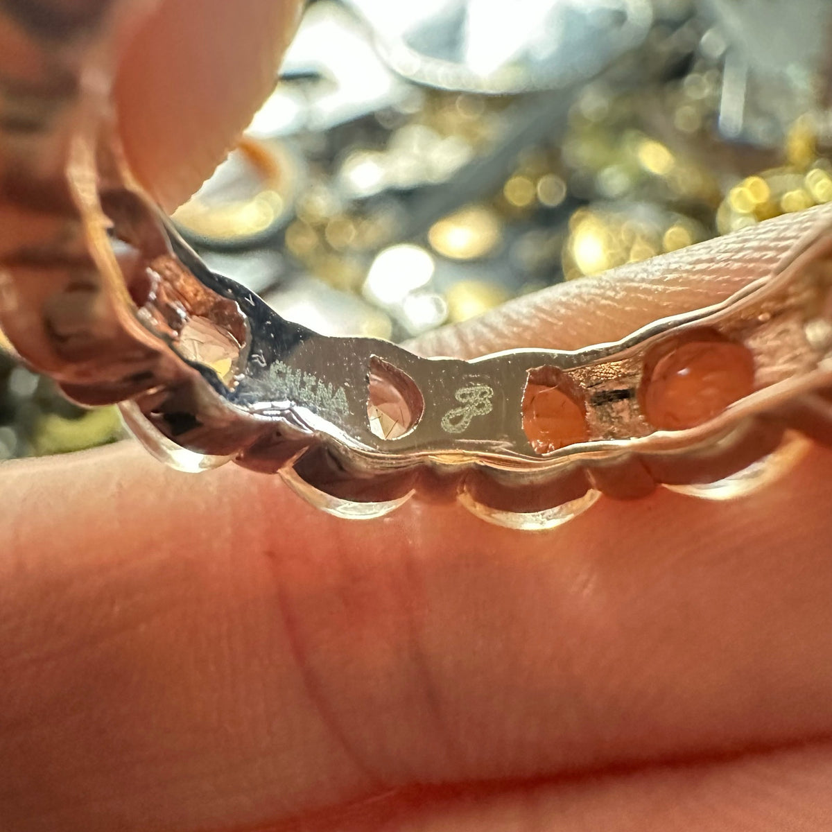 Rose gold tone peach champagne glass gemstones ring eternity band size 5.5