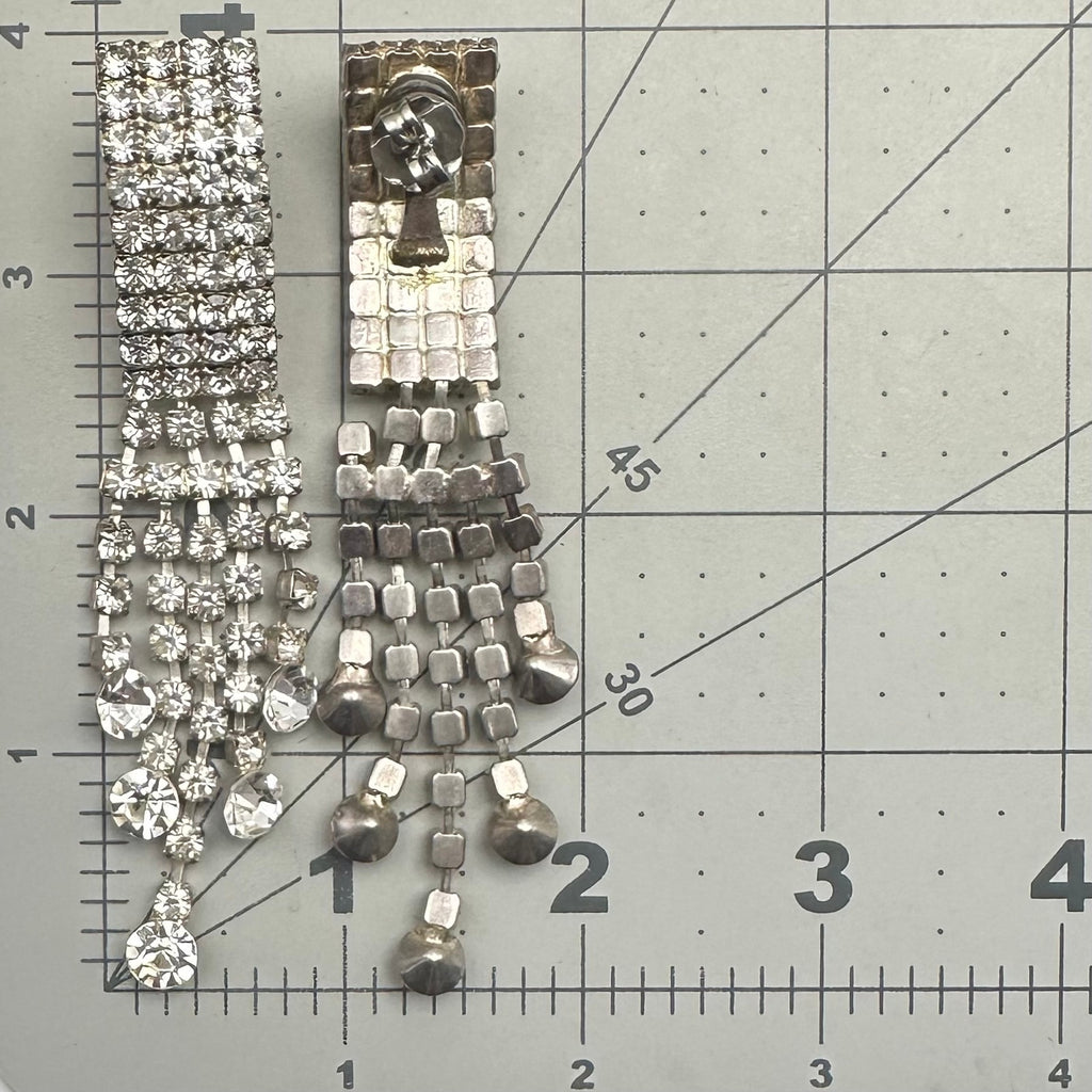 Vintage silver tone clear rhinestones 5 strands fringe 4" drop post earrings