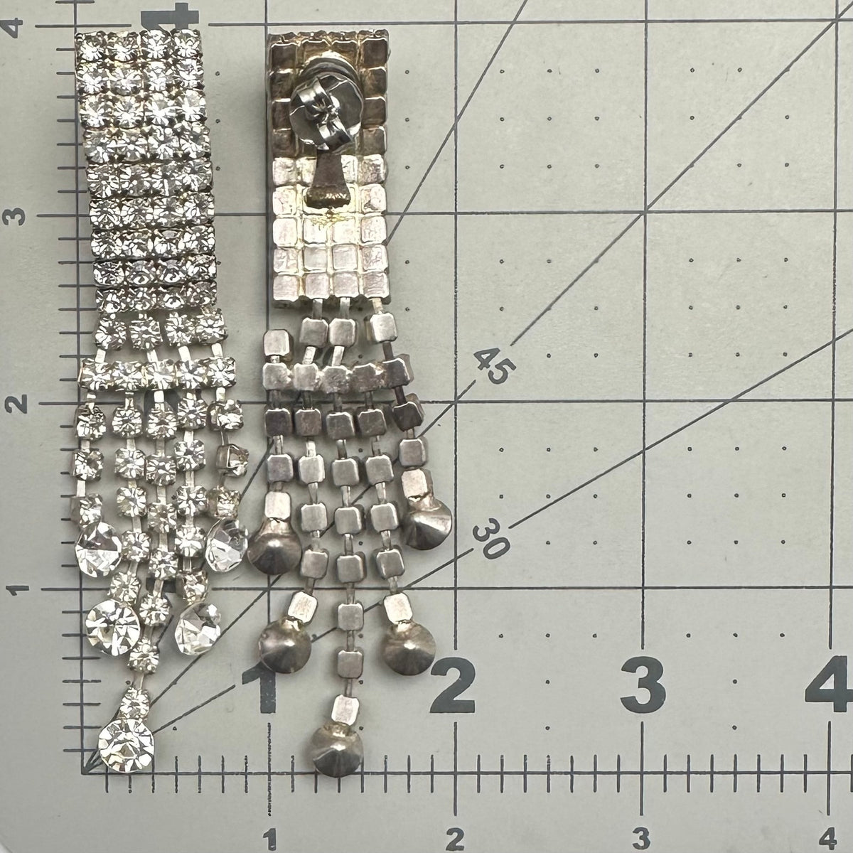 Vintage silver tone clear rhinestones 5 strands fringe 4" drop post earrings