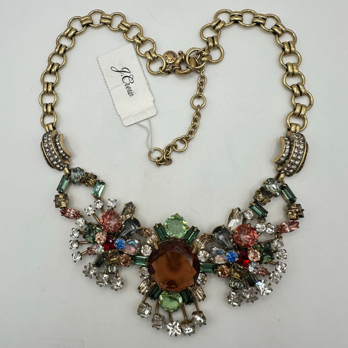 J. Crew NWT gold tone rainbow multicolor AB glass rhinestones statement necklace