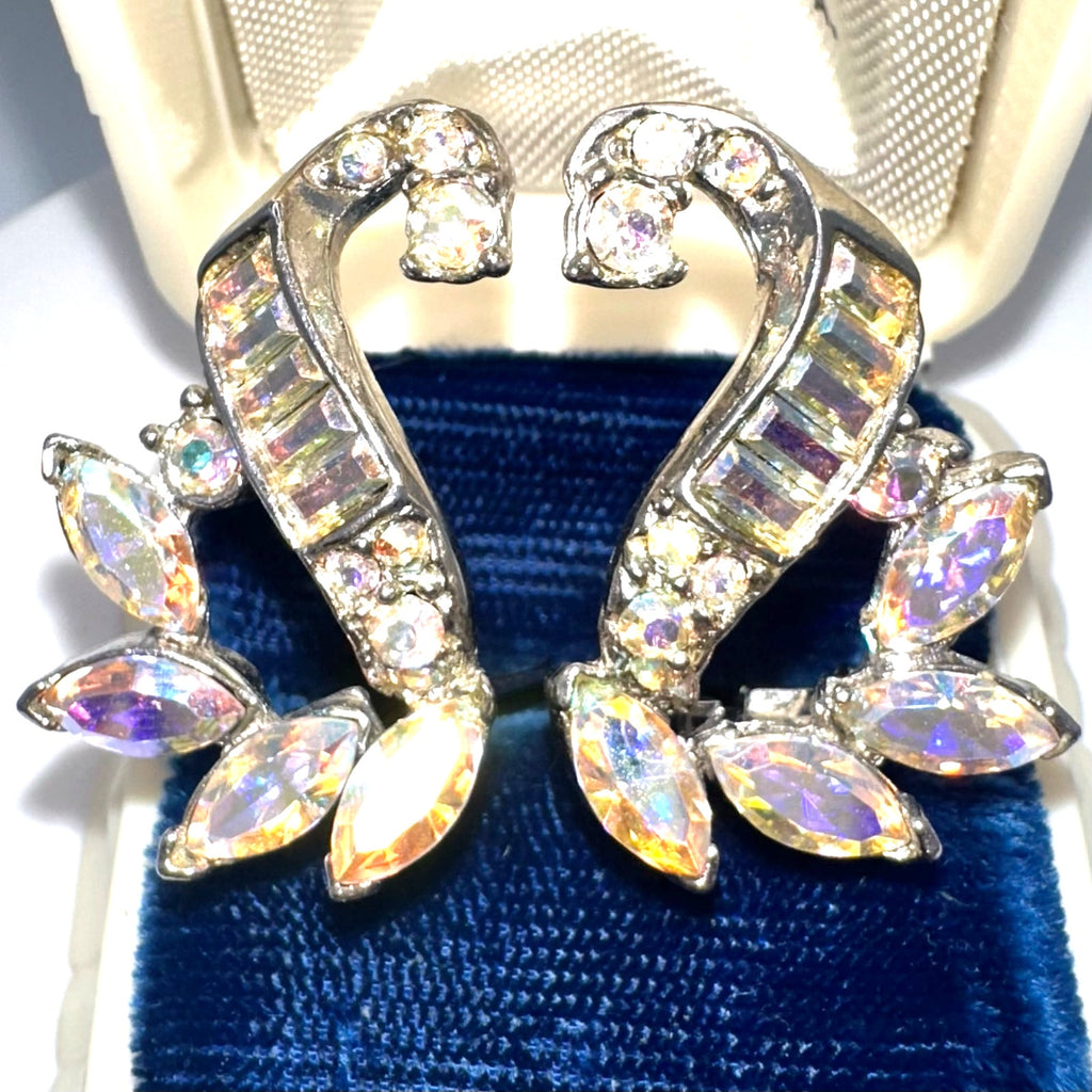 Vintage silver tone AB aurora borealis rhinestones scrolled clip on earrings