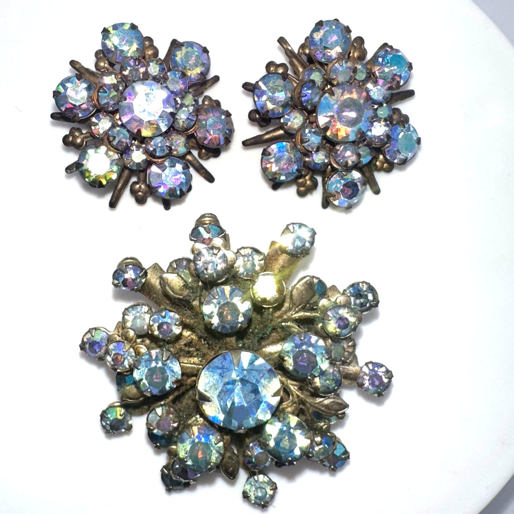 Vintage gold tone blue AB rhinestones starburst brooch clip on earrings