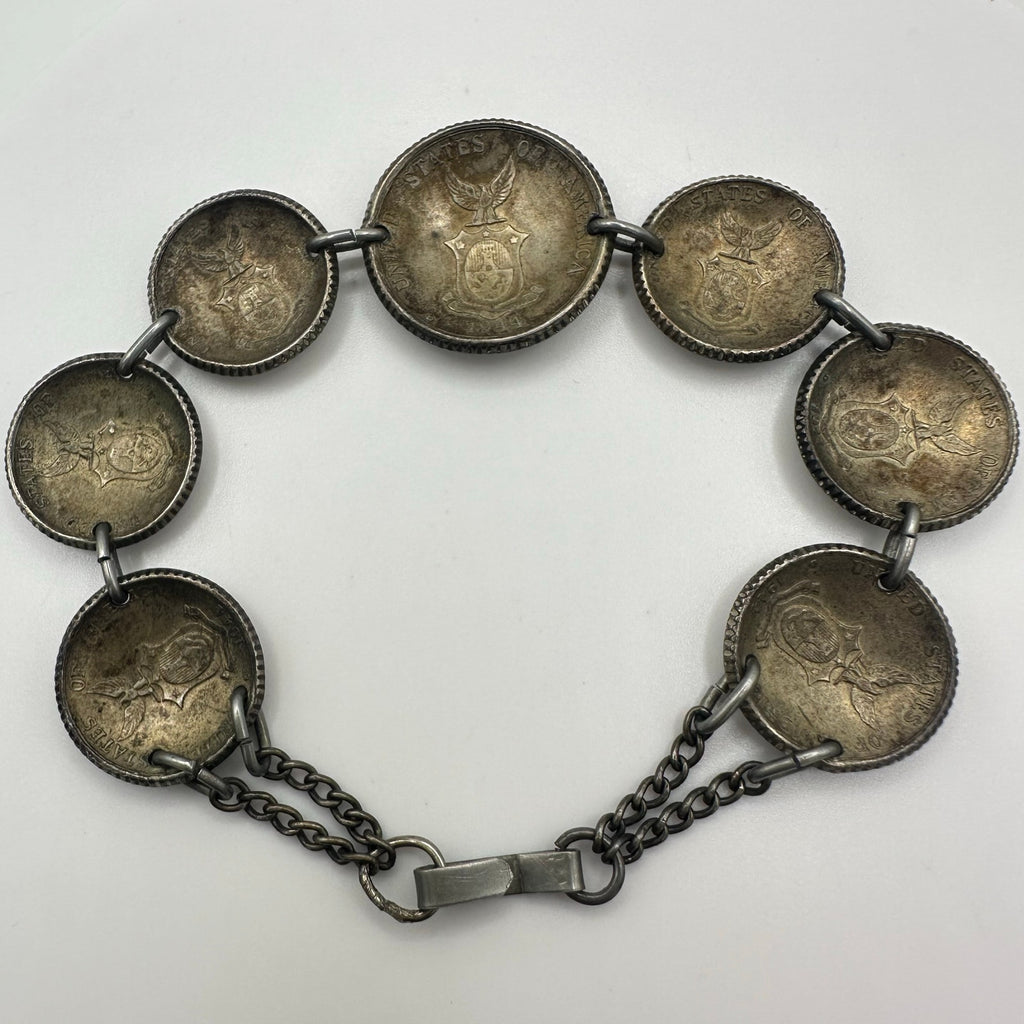 WWII era vintage retro USA Philippines 750 sterling silver 7 coins bracelet