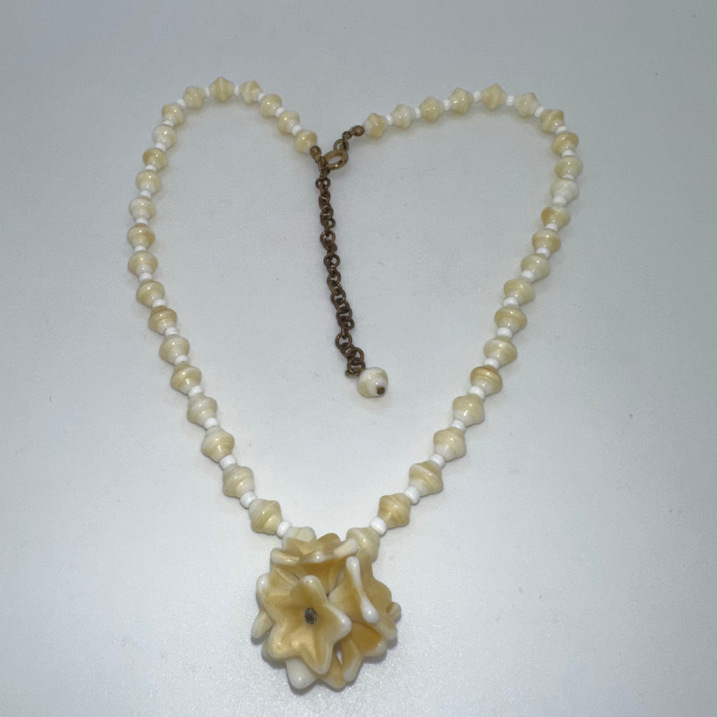 Antique vintage cream Czech glass pressed beads flowers beaded brass necklace