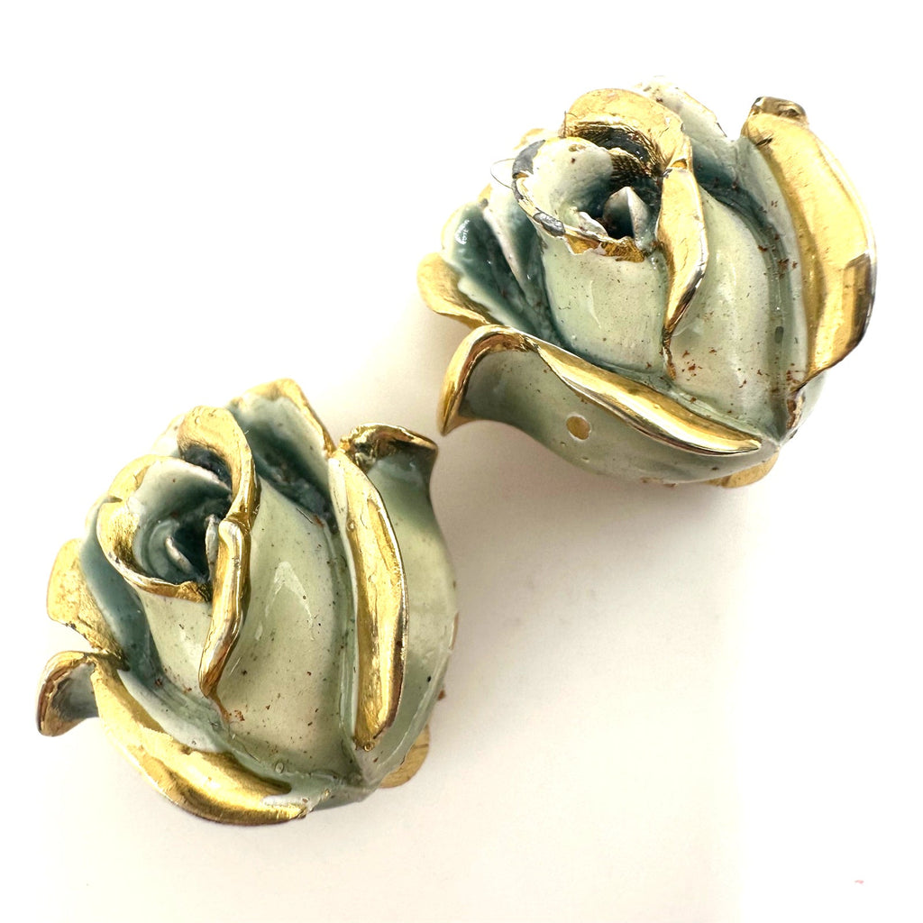 Capri signed vintage gold tone blue enamel 3D roses floral clip on earrings