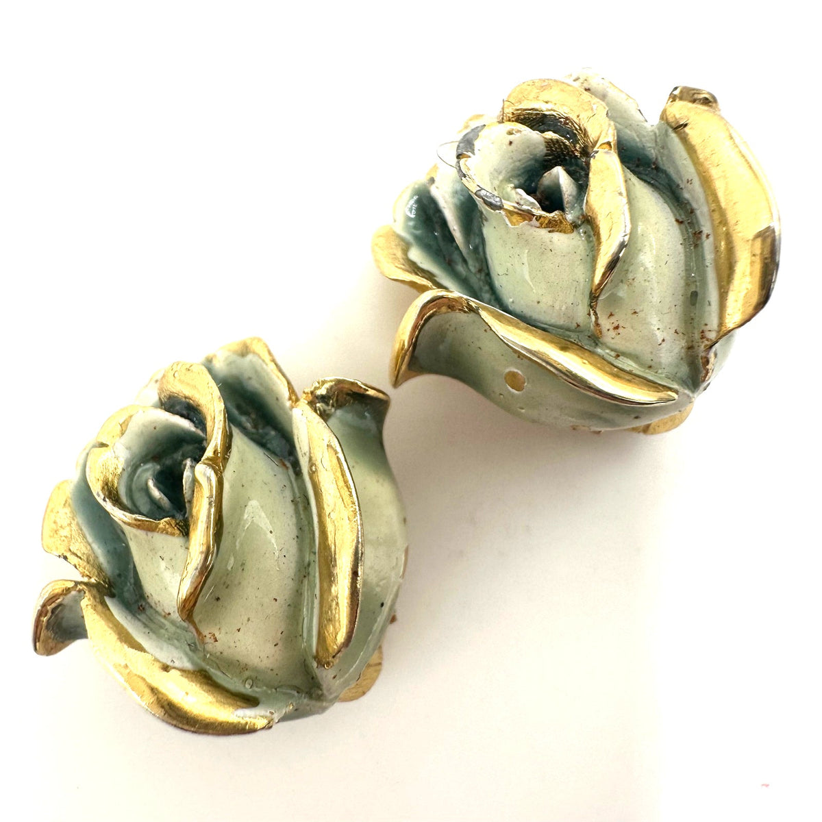 Capri signed vintage gold tone blue enamel 3D roses floral clip on earrings