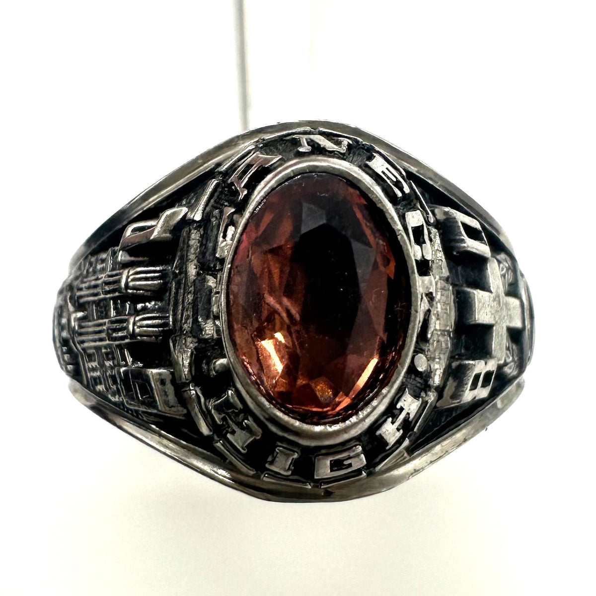 Jostens 1980 vintage silver tone Lustrium peach stone class ring 6.5